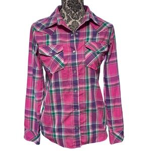 Vibrant Wrangler Pink Plaid Pearl Snap Button-Up Women's Long Sleeve Shirt XS